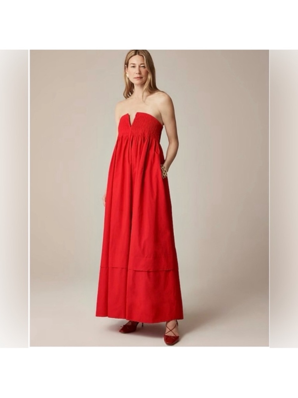 J. Crew Collection Red Strapless Notched Maxi Dress